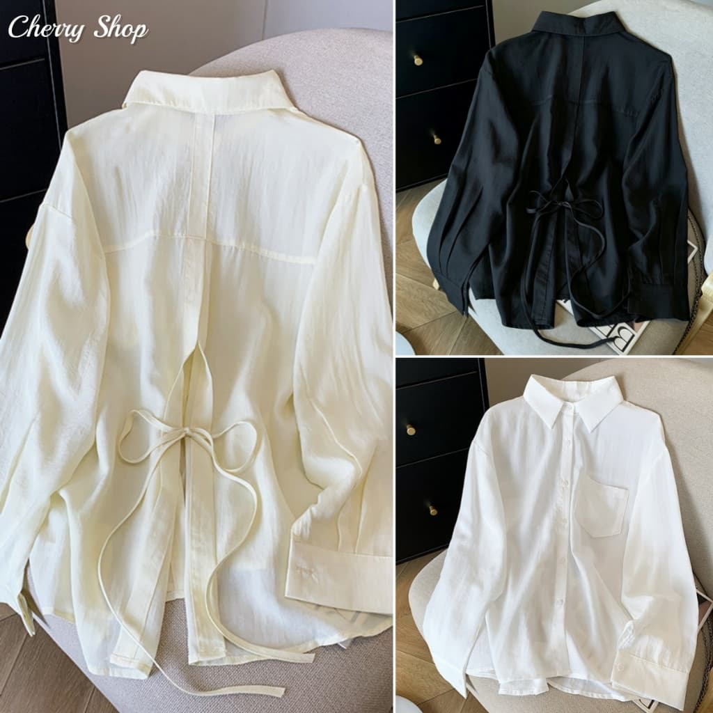 cherryshop พร้อมส่ง เสื้อกันแดดแขนยาวทรงบางสไตล์เกาหลีสําหรับผู้หญิงในฤดูร้อน ดีไซน์ผ่าหลังพร้อมผูก