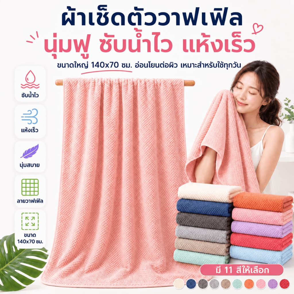 ผ้าขนหนูรังผึ้ง【ขนาด 140x70 ซม.】ผ้าเช็ดตัว สามารถใส่อาบน้ําได้ สีพื้น นุ่มไม่บาดผิว ขนาดมาตรฐาน (YJB-01)