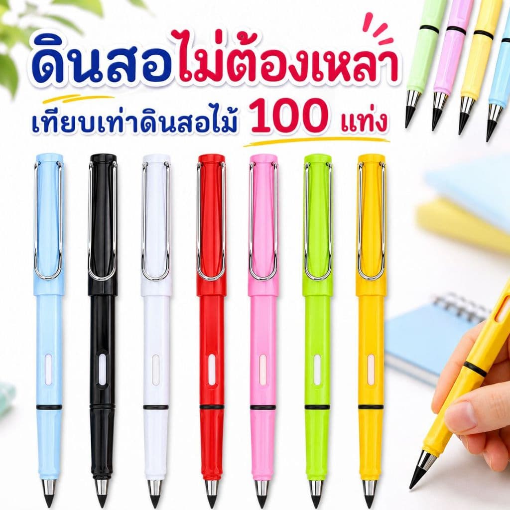 สินค้าเกรด A ดินสอแบบใหม่ ดินสอไม่ต้องเหลา เทียบเท่าดินสอไม้ 100แท่ง📌มียางลบในตัว พร้อมส่งในไทย