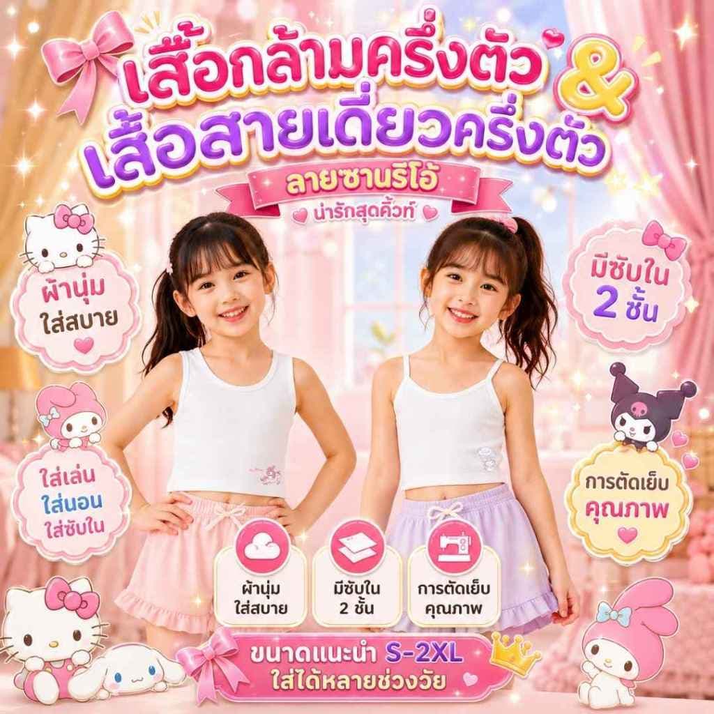 เสื้อซับในครึ่งตัว สายเดี่ยว/สายกล้าม สีขาว ซับ2ชั้น ลายการ์ซานริโอ้ เหมาะสําหรับเด็ก3-12ขวบ…