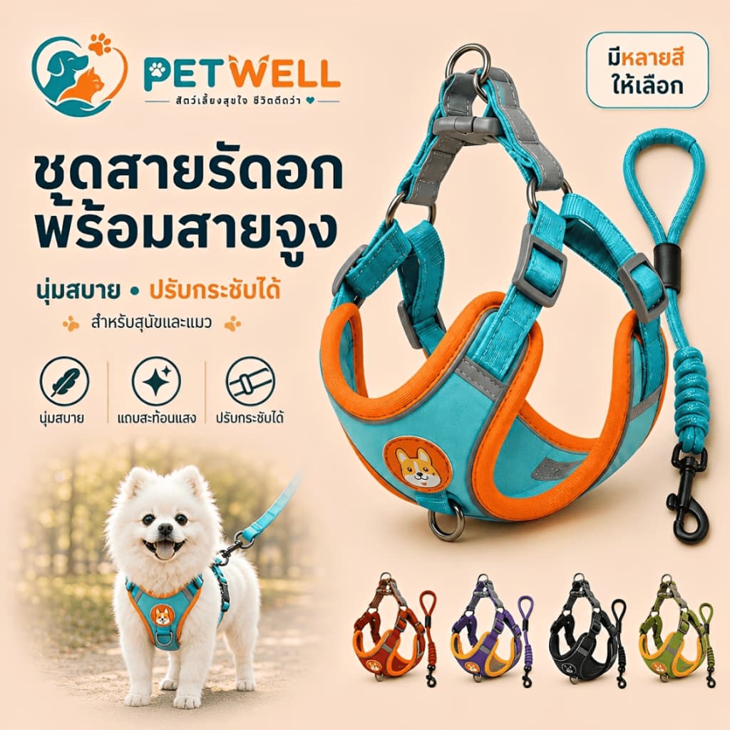 สําหรับสัตว์เลี้ยง PETWELL ชุดเชือกจูง สะท้อนแสง ปรับได้ สุนัข แมว สายรัดสุนัขสัตว์เลี้ยง วัสดุกํามะหยี่