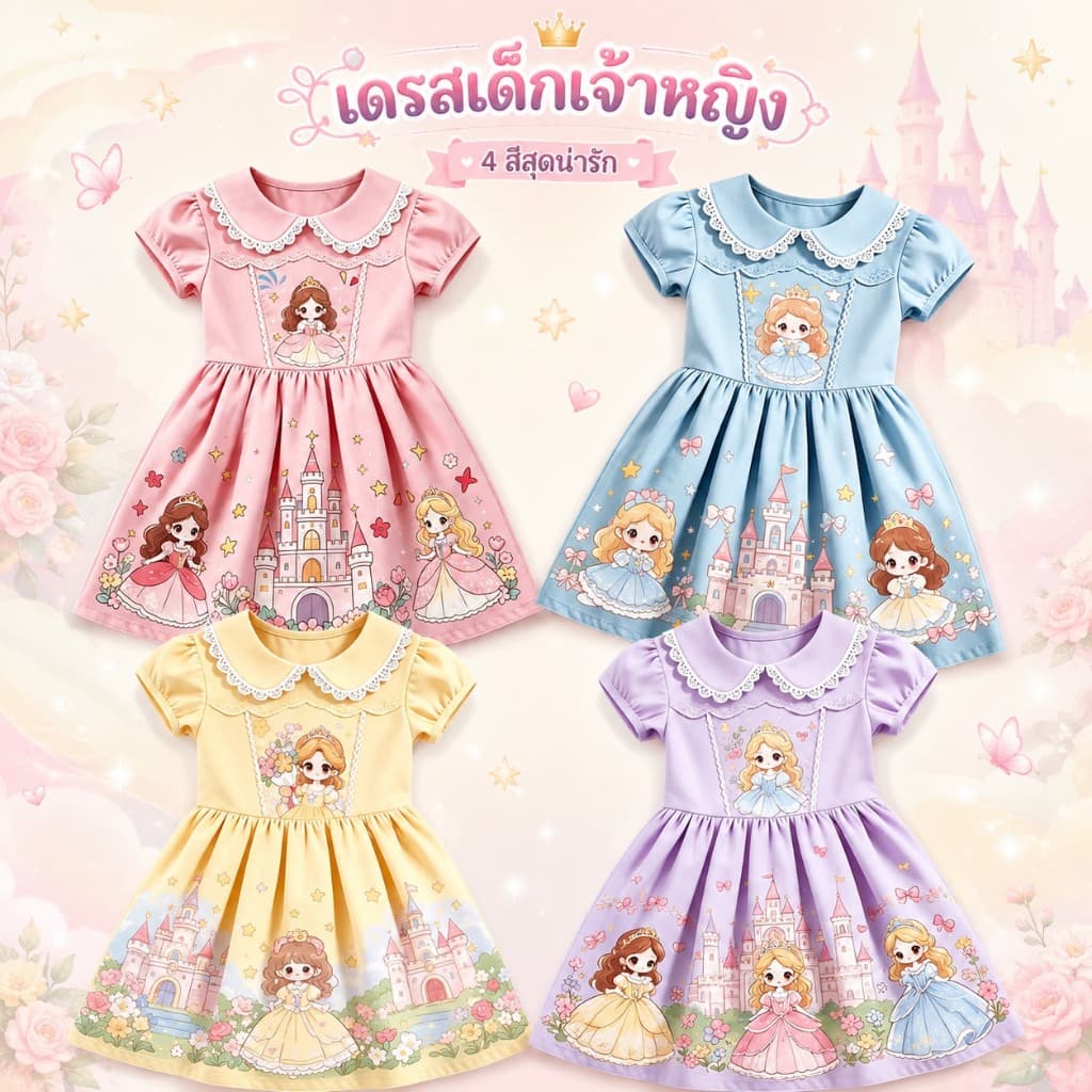 AY339 เดรสเด็กผู้หญิง ลายเจ้าหญิงสีเหลือง คอปกลูกไม้ แขนสั้น สวมใส่สบาย