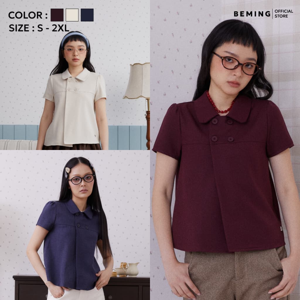 Bemingtop1267(S–2XL) - Komy Top – เสื้อคอปกแขนสั้นดีไซน์เรียบแมตช์ง่ายใส่ได้ทุกโอกาส