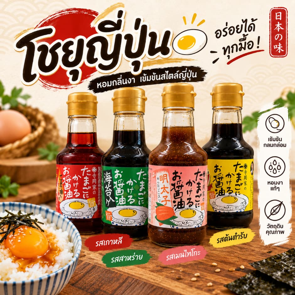 โชยุญี่ปุ่นสุดฮิต! มีหลายรสชาติจิ้มกับไข่เเละไส้กรอก🥚🌭 เหมาะกับทุกวัยเยาะกับข้าวสวยร้อนๆฟินๆ