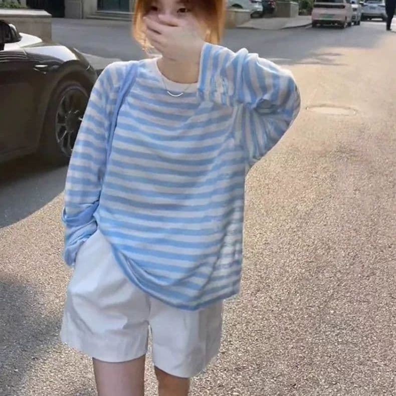 เสื้อยืดลายทางแขนยาวชุดป้องกันแสงแดดของผู้หญิงเกาหลี oversize เสื้อผ้ามินิมอลวัยรุ่น…