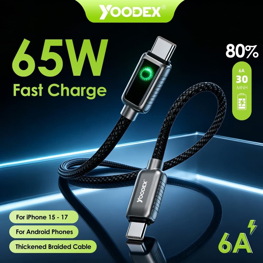 สายเคเบิล YOODEX ชนิดถักไนลอน Type C ถึง Type C พร้อมจอแสดงผล LED (65W)