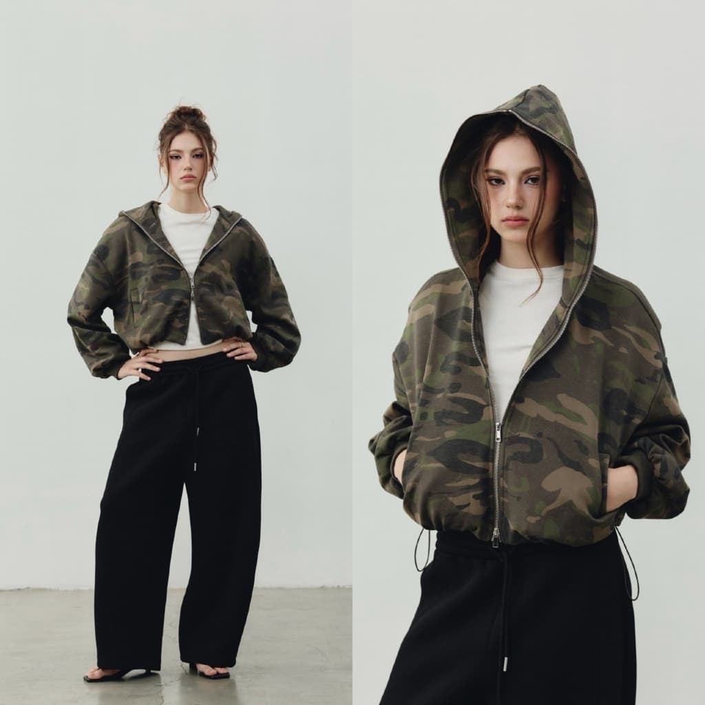 MALIMAYS - Rio Camo Hoodie Jacket เสื้อฮู้ดดี้แจ็กเก็ตลายทหาร เสื้อฮู้ดดี้แจ็กเก็ตลายทหาร ดีไซน์ทรงครอป… รูปที่ 1