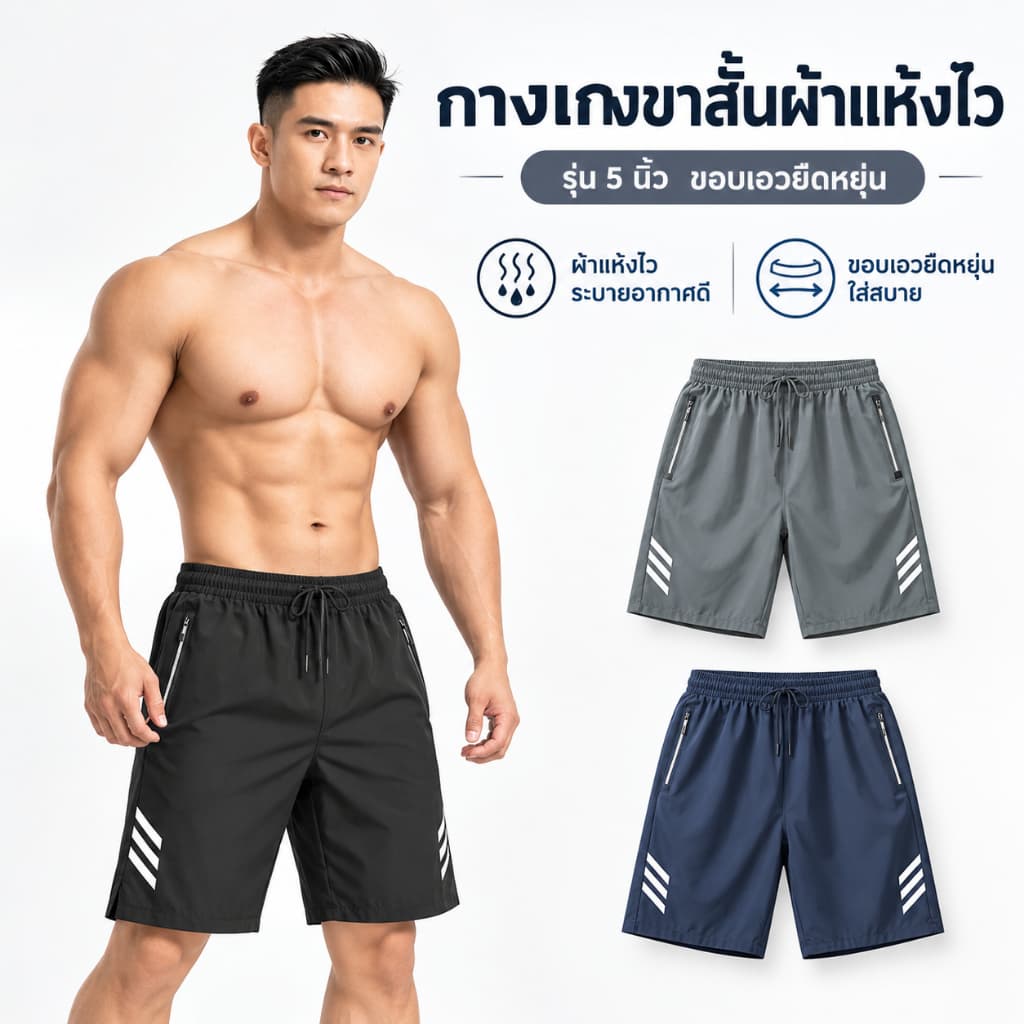 เก็บเงินปลายทาง กางเกงขาสั้นผ้าแห้งเร็ว ทรงหลวมใส่สบาย กระเป๋าซิป กางเกงวิ่งออกกําลังกายผู้ชาย…