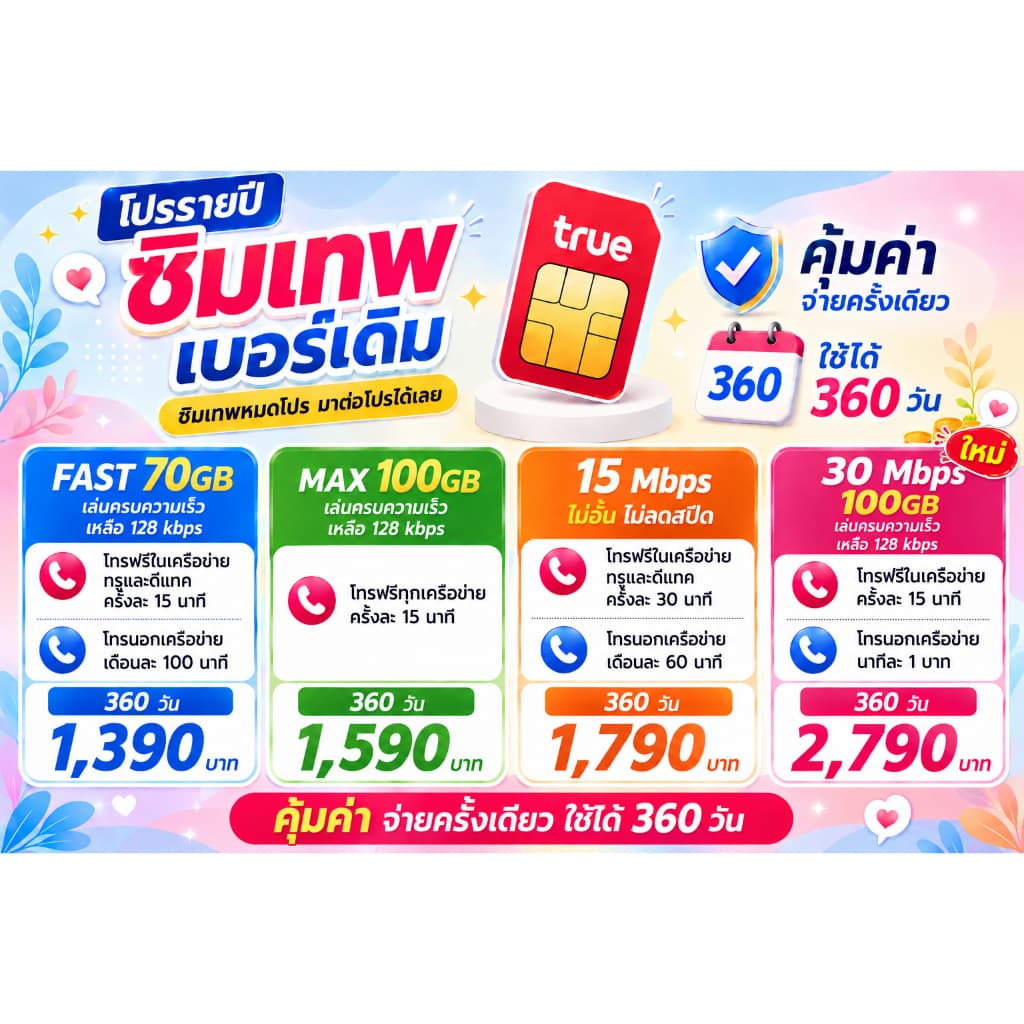 ต่ออายุซิมเทพทรูรายปีเบอร์เดิม 15M ไม่จํากัด , Max 100GB โทรฟรีทุกเครือข่าย