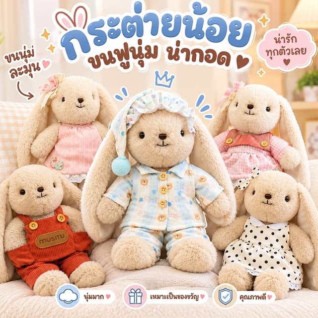 ตุ๊กตากระต่าย น่ารักและนุ่มนวล ไว้กอดนอนหรือตกแต่งห้อง ของเล่นขนสัตว์ ของขวัญให้เด็กผู้หญิง