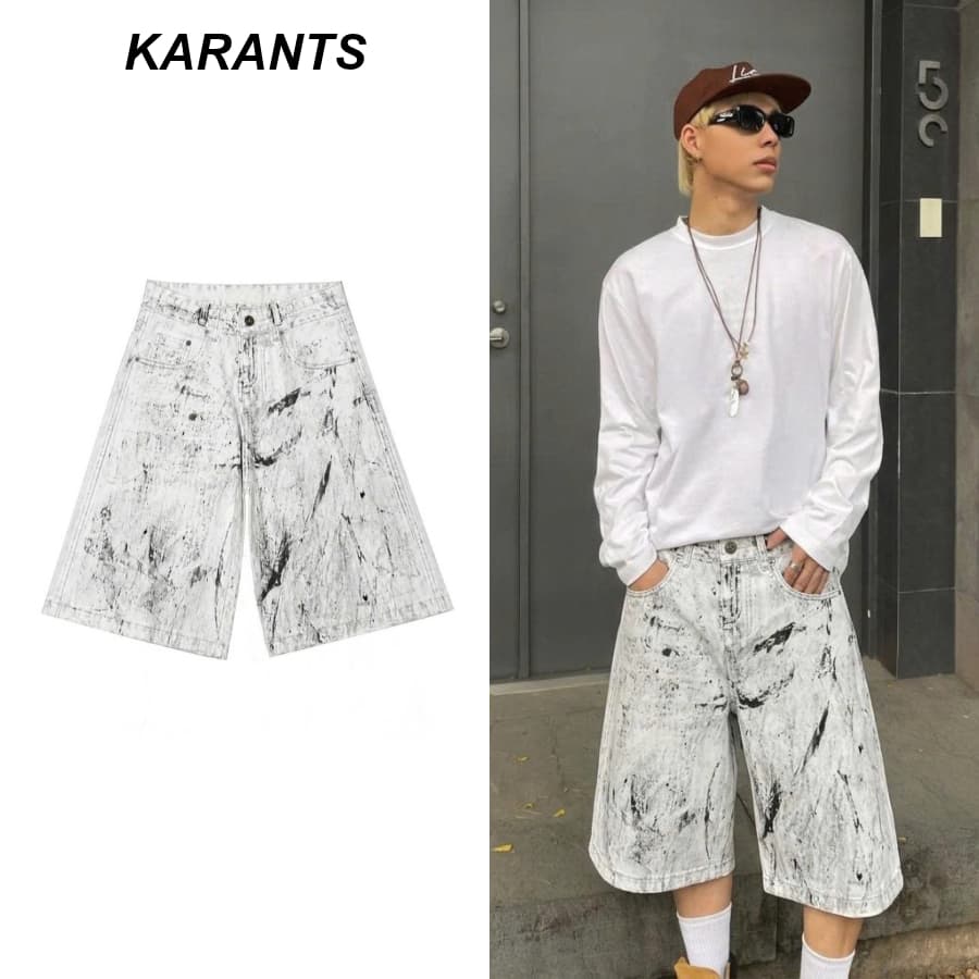 (สินค้าใหม่) Karants กางเกง Baggy Jean Short Dirty Wash Unisex ชาย-หญิง - KQ137