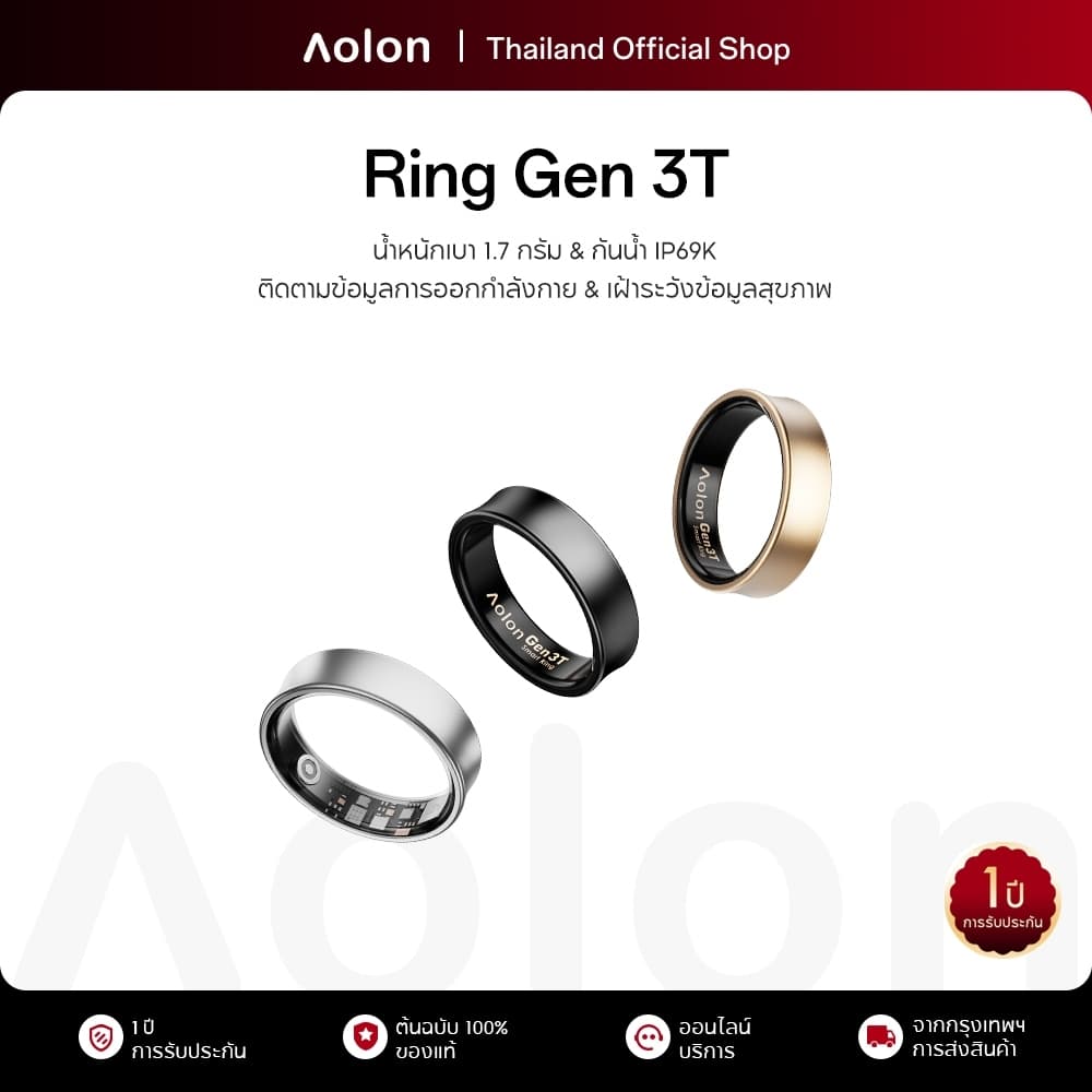 Aolon Ring Gen 3T แหวนอัจฉริยะ 1.7g น้ําหนักเบาพิเศษ แหวนสุขภาพ กันน้ําระดับ IP69K วัดอัตราการเต้นหัวใจ…