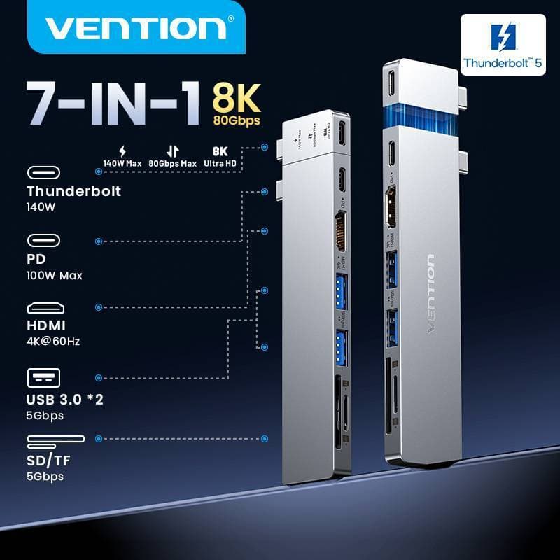 Vention [พร้อมส่งจากไทย] 7in2 USB-C Hub Full-Featured 8K@240Hz USB-C 140W Fast Charging 80Gbps HDMI 4K60 SD…