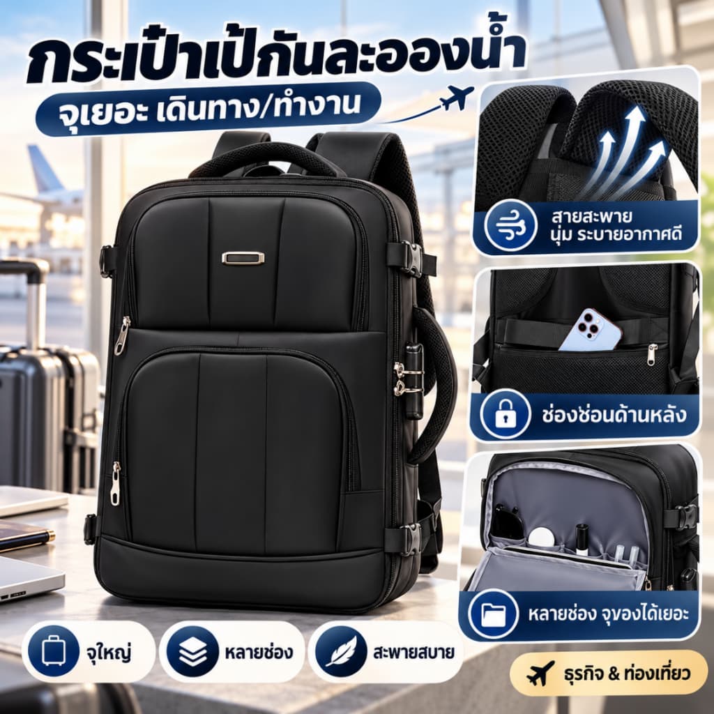 กระเป๋าเป้กันน้ํา กระเป๋าเป้ธุรกิจสําหรับท่องเที่ยว สะพายหลังใส่โน๊ตบุ๊ค มีล็อกรหัส จุได้เยอะ…