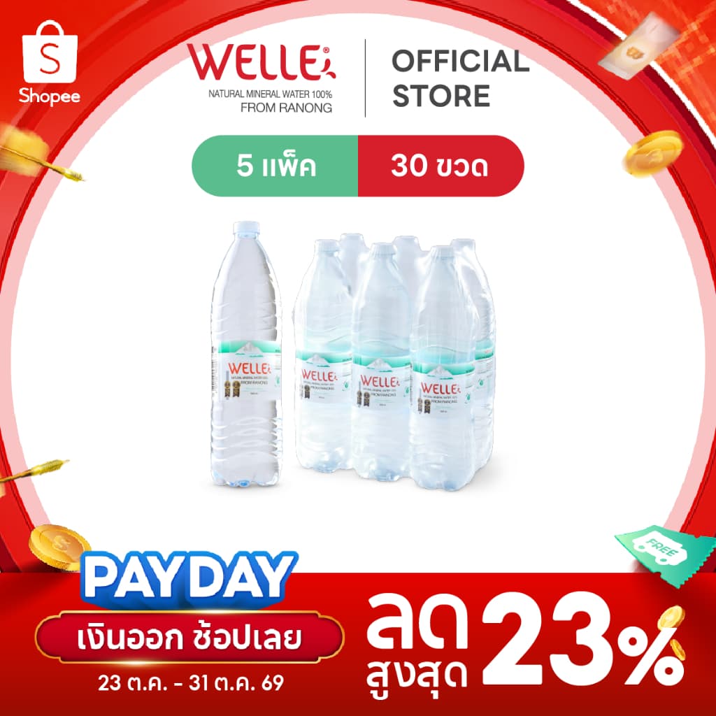 (30 ขวด) Welle Mineral Water น้ําแร่เวลล์เล่ 1500 มิลลิลิตร 5 แพค จากแหล่งน้ําแร่ระนอง