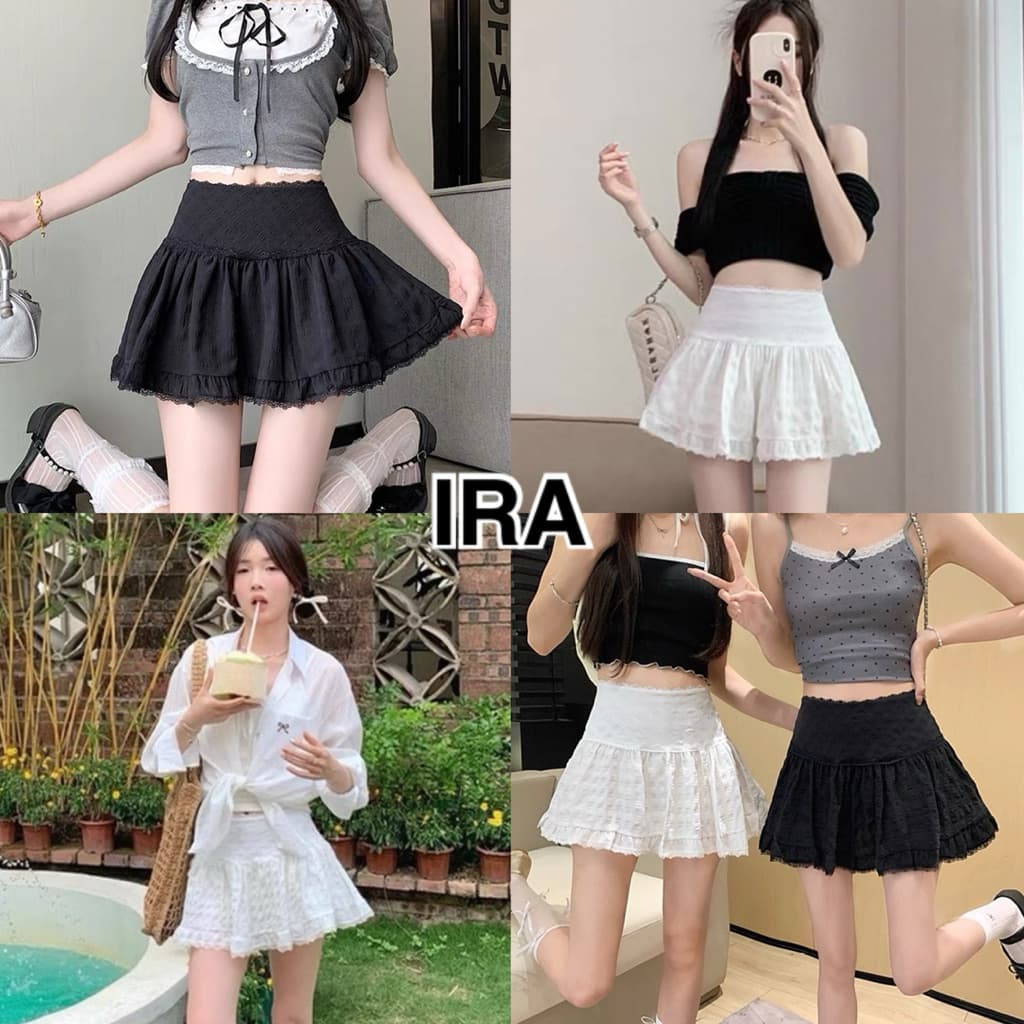 BY IRA(23072/23081) Marshmallow Skirt กระโปรงสั้นทรงบัลเล่ต์เอวต่ํา สไตล์เวียดนาม ปักลูกไม้ สีขาว