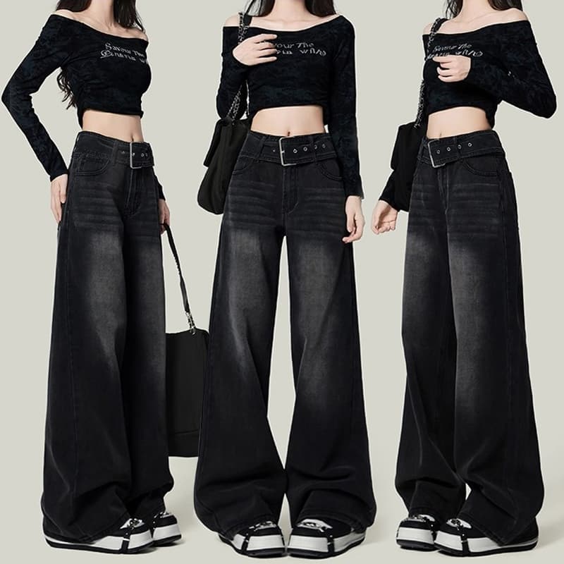S~5XL Baggy jeans Long pants Black Denim กางเกงยีนส์สีดําผู้หญิง กางเกงเอวสูงสไตล์เรโทร กางเกงยีนส์ทรงหลวมๆ…