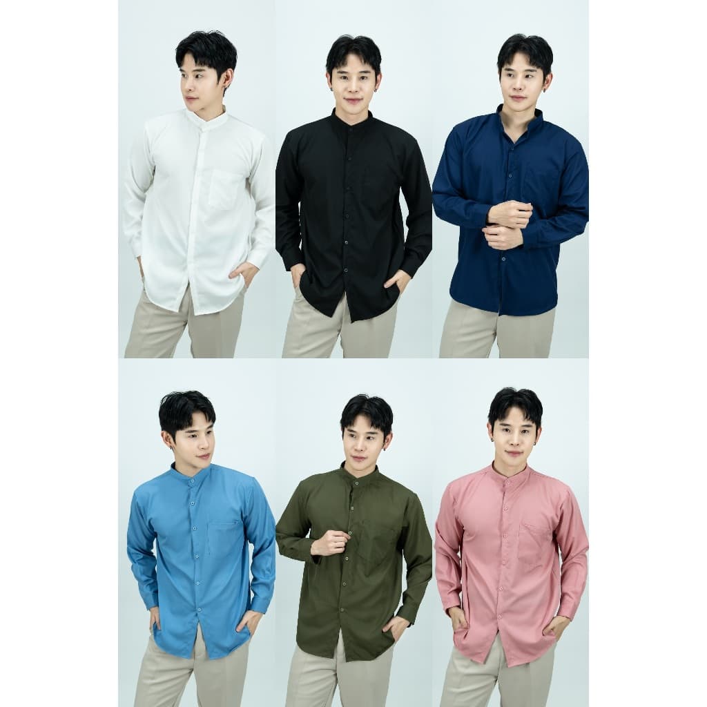 S19: เสื้อเชิ้ตคอจีนแขนยาว สีพื้น รุ่นมีกระเป๋า มีไซซ์ M-4XL ยับยาก ไม่ยืดไม่ย้วย ผ้านิ่ม