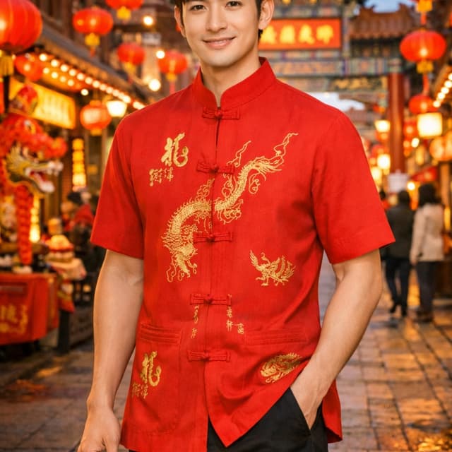เสื้อคอจีนผู้ชายปักมังกร(แขนสั้น) สีน้ําเงินเข้ม สีขาว สีแดง