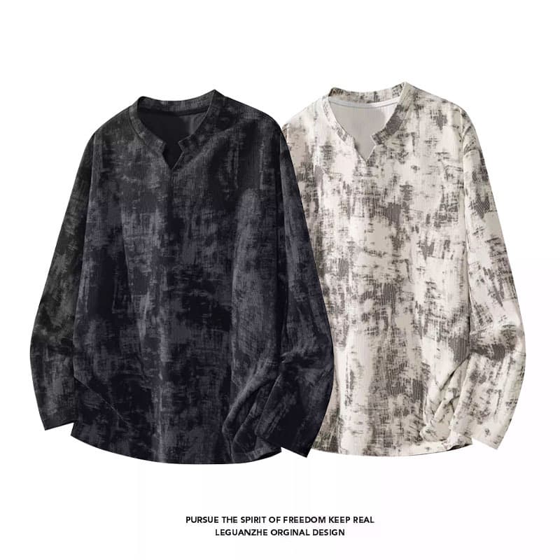 เสื้อยืดแขนยาวผู้ชาย ลายพิมพ์ คอวี ทรงหลวม ผ้าถัก ยืดหยุ่น สไตล์อเมริกันสตรีท ทํางาน/ลําลอง ยูนิเซ็กซ์ M-3XL…