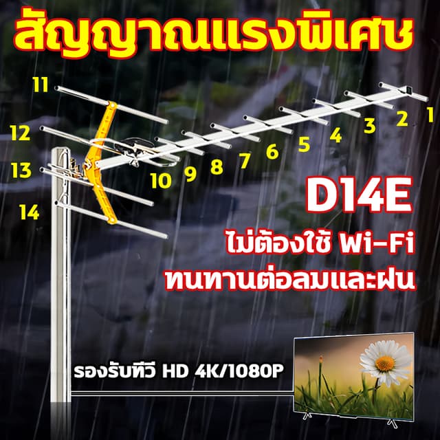D14E เสาดิจิตอล เสาอากาศ จานดาวเทียม เสาอากาศดิจิทัลความละเอียดสูง เสาอากาศทีวีดิจิตอลรับได้ทุกช่อง…