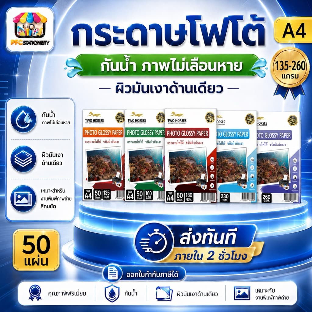 กระดาษโฟโต้ ผิวมันเงา สําหรับเครื่องปริ้นอิงค์เจ็ท ปริ้นรูป ใบปลิว 135g-260g มัน1ด้าน