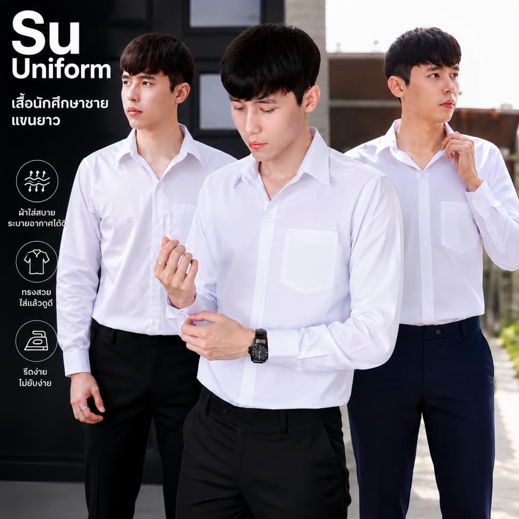 เสื้อนักศึกษาชายแขนยาว รอบอก36-56 มีสีขาวนวล/ขาวสว่าง/ขาวโอโม่ รูปที่ 1