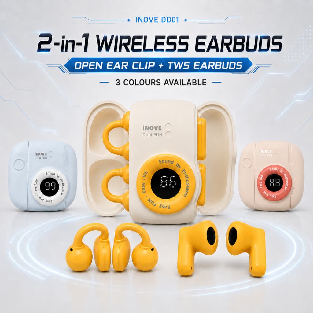 DD01 หูฟังบลูทูธ 2 In 1 1 เคส 4 หูฟัง กึ่งอินเอียร์ + แบบคล้องหู Bluetooth 6.0 ENC ใช้งานรวม 72 ชั่วโมง