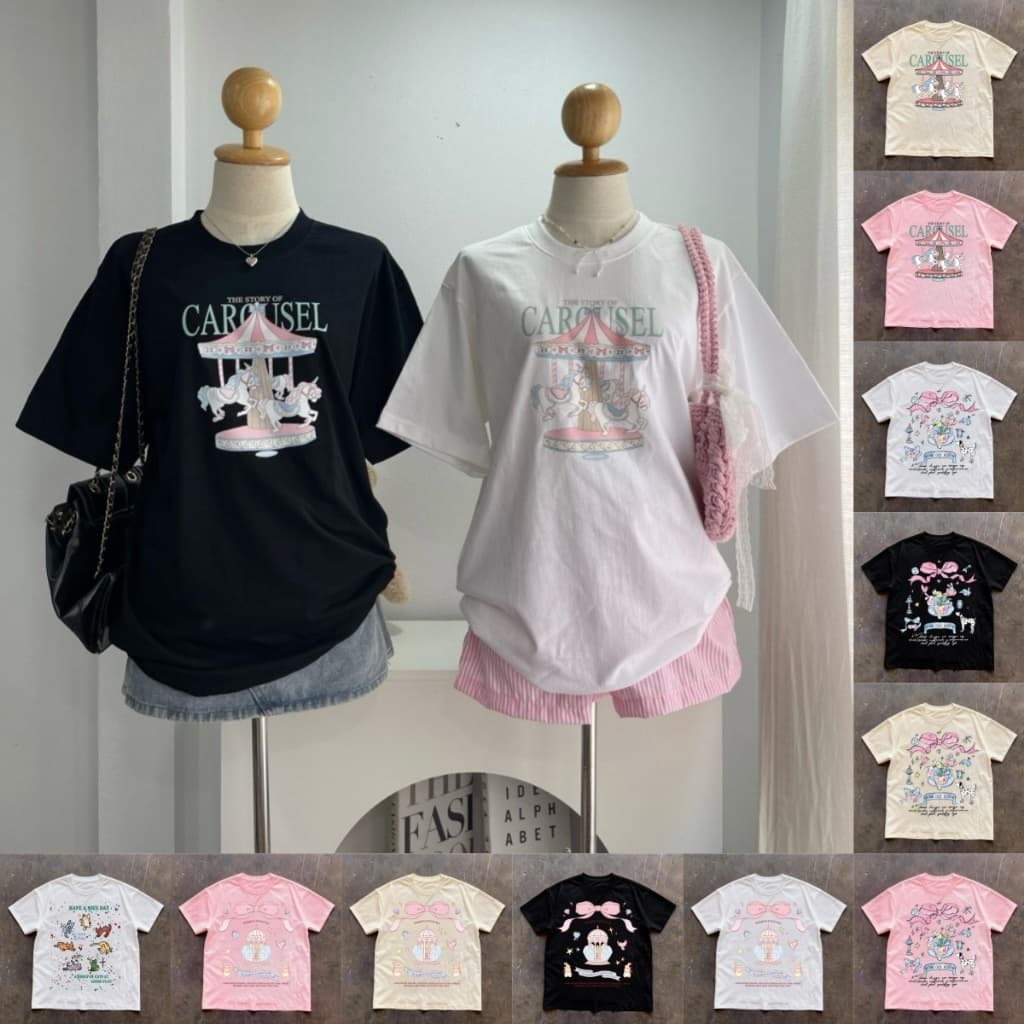 (จัดส่งตลอด 24 ชั่วโมง)OOOK Official Oversize เสื้อยืดสกรีนลายม้าหมุนยูนิคอร์น 🎪🎡