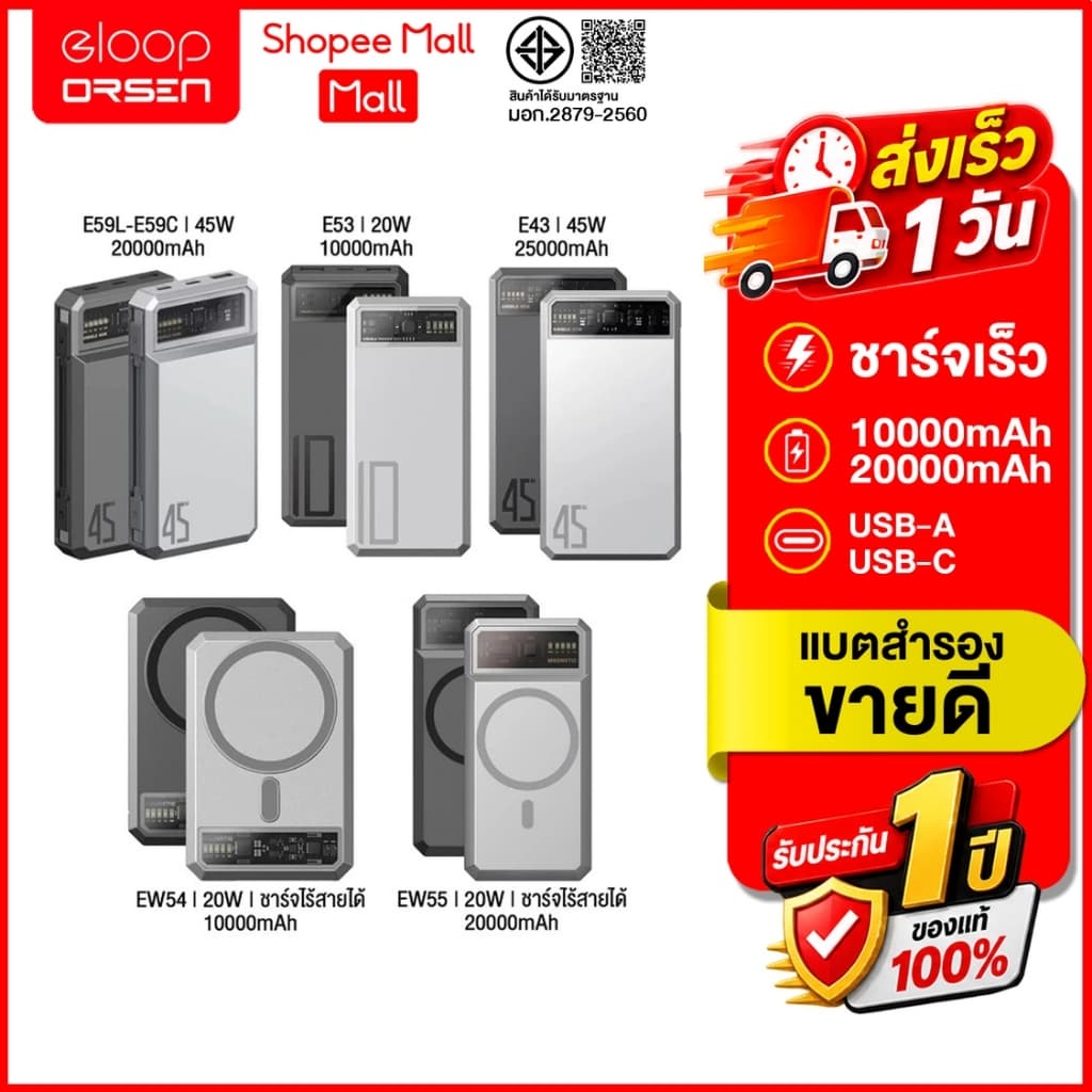 (ถูกสุด ส่งไว) ขายดี Eloop Powerbank พาวเวอร์แบงค์ EW55/E53/EW54/E43/E59 ความจุ 10000mAh-25000mAh ชาร์จไร้สาย