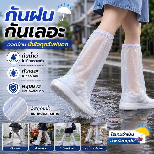 ☔ถุงคลุมรองเท้ากันน้ํา วัสดุ PE สวมใส่ง่าย มีให้เลือกหลายขนาด ป้องกันฝนได้ดี
