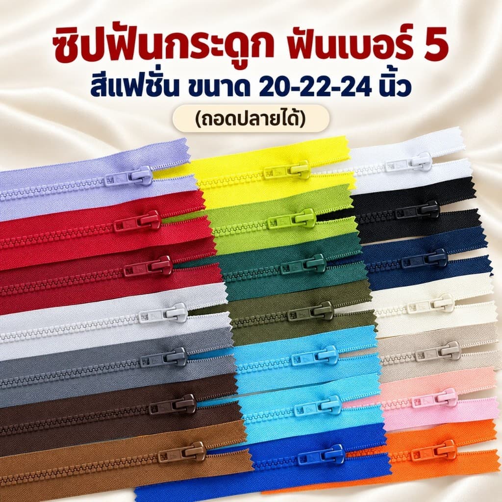 ซิปถอด ซิปฟันกระดูก ซิปเสื้อกันหนาว สีแฟชั่น ความยาว 20-22-24นิ้ว (ปลายถอดได้)