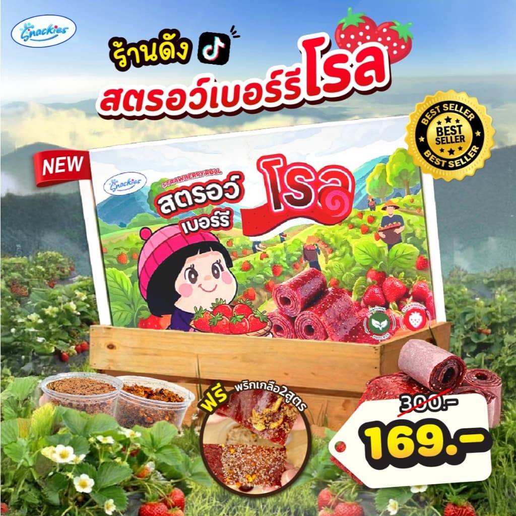 สตอเบอร์รี่โรล + แถมพริกเกลือ2สูตร เปรี้ยวหวาน ธรรมชาติ หนึบ อบสดใหม่ ขนม ของกิน สตอโรล snackies