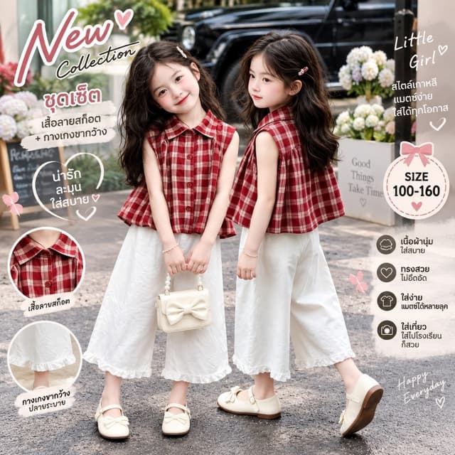 AY146 ชุดเซ็ตสาวน้อยสไตล์เกาหลี เสื้อเชิ้ตสก็อตแดง + กางเกงขาว แฟชั่นเด็กผู้หญิง