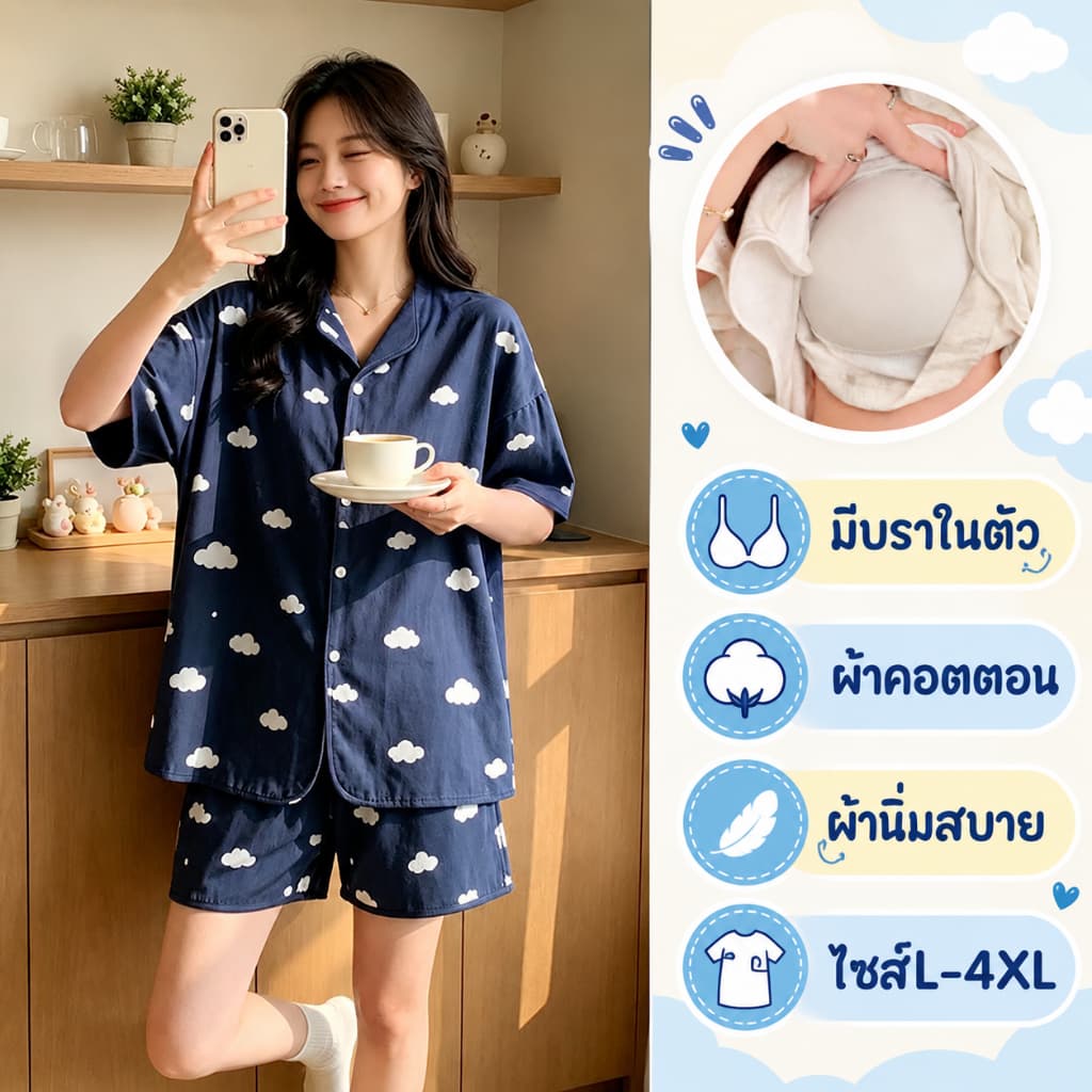 ชุดนอนผู้หญิง ชุดนอนเซ็ต ขาสั้น+เสื้อ พร้อมมีฟองน้ําในตัว ผ้าคอตตอน มีบราในตัว ไซส์M-4XL