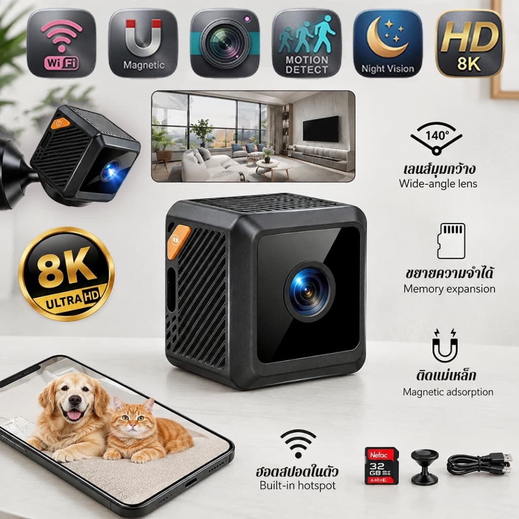 ซื้อ1แถม1กล้องจิ๋ว 8K Ultra HD ไวไฟในตัว เล็ก การมองเห็นตอนกลางคืนที่ชัดเจน กล้องรักษาความปลอดภัย กล้องวงจรปิด รูปที่ 1