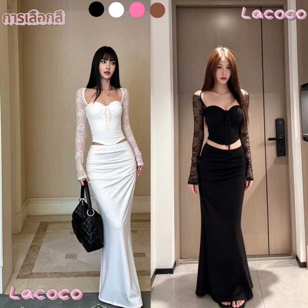 Lacoco🍓คลังสินค้าพร้อม🍓เสื้อยืดแขนยาวผสมลูกไม้น่ารักเซ็กซี่ สไตล์ 2026 ฤดูใบไม้ร่วง ใหม่ รัดรูปผูกเอว…