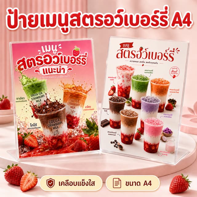ป้ายเมนูสตรอว์เบอร์รี่ A4 ป้ายสตรอว์เบอร์รี่นมสด เมนูเครื่องดื่ม เคลือบพลาสติกแข็งใส สีสวยคมชัด พร้อมใช้งาน