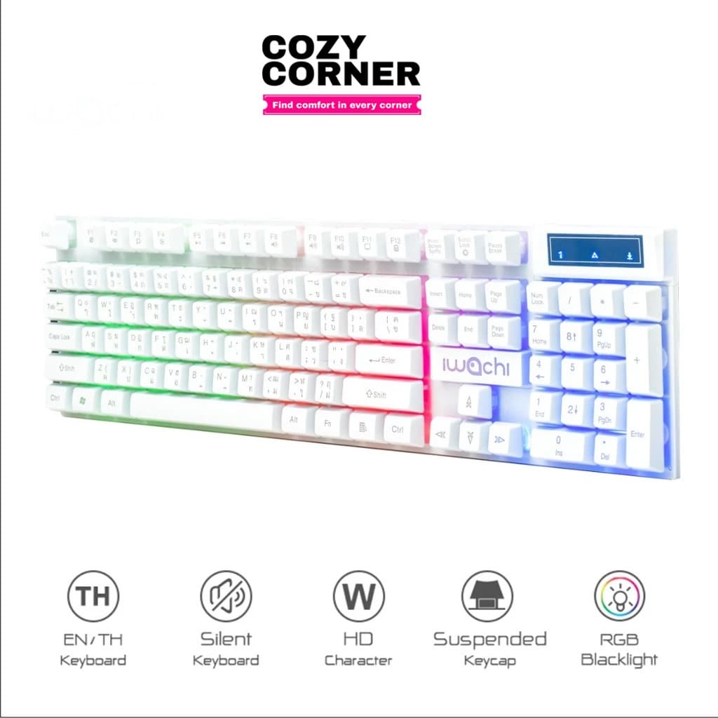 IWACHI คีย์บอร์ดไฟ RGB แสงไฟสี/แสงไฟขาว คีย์บอร์ดเกมมิ่งมีสาย แป้นพิมพ์ภาษาไทย เสียงเบา เซตคีย์บอร์ด+เมาส์