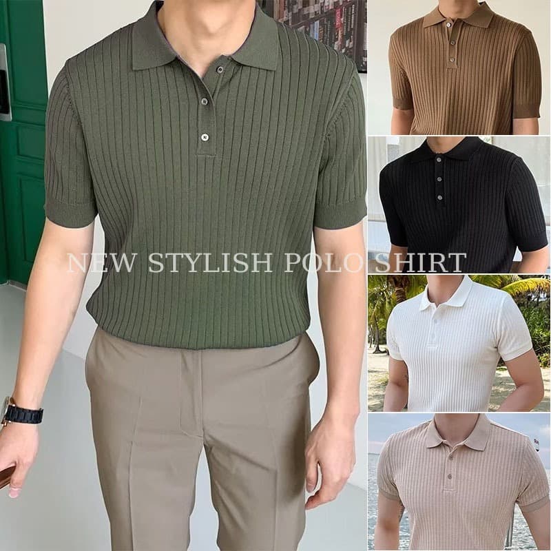 Fabedy เสื้อโปโลแฟชั่นสไตล์เกาหลีสําหรับผู้ชาย เสื้อโปโลแขนสั้นลายทางสีพื้นสําหรับผู้ชาย Men Clothing【COD】