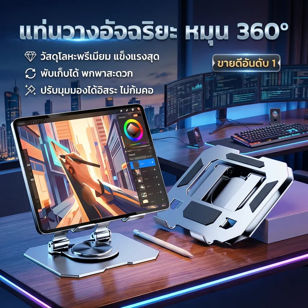 ที่วางแท็บเล็ต ไอแพด หมุนได้ 360 องศา พับเก็บได้ ผลิตจากวัสดุคุณภาพดี แข็งแรงทนทาน