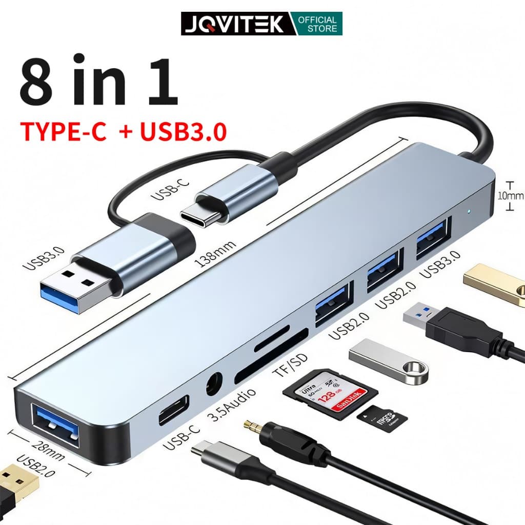 JQVITEK อะแดปเตอร์ฮับ 8-in-1 Type C HUB เป็น USB 3.0+USB*4+SD/TF USB C HUB 3.5 มม…
