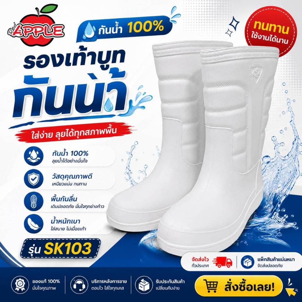 *มีไซส์พิเศษ 12-12.5 * Red apple รองเท้าบูทกันน้ํา ไฟล่อน SK103 ไซส์ 9-12.5 (ใส่ได้ชาย-หญิง)