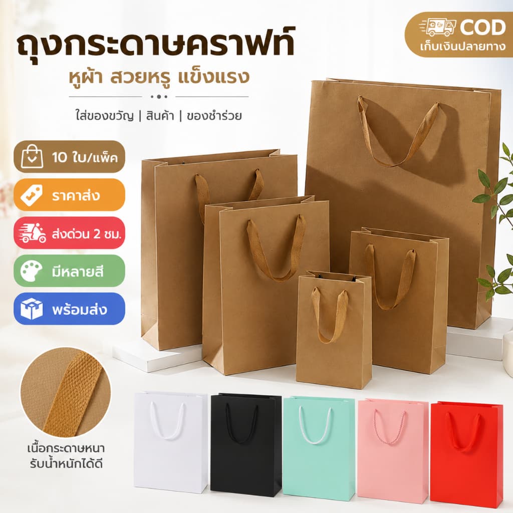 10 ใบ Kraftpaper หลายขนาด หนาขึ้น แข็งแรงขึ้น ถุงของขวัญ, ถุงกระดาษคราฟท์, ผู้หญิง, ถุงช้อปปิ้ง,…