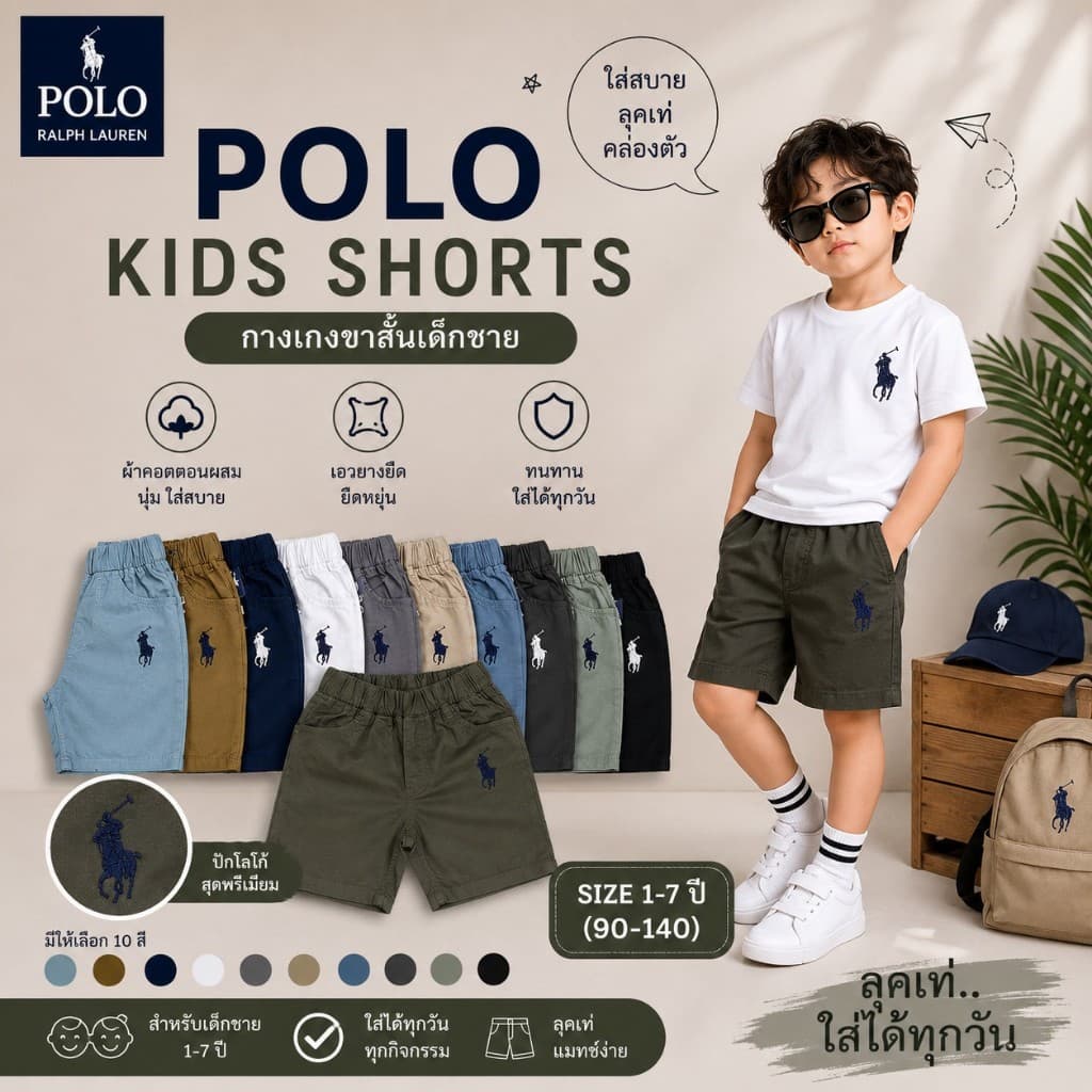 💥มาใหม่ กางเกงขาสั้น ปักม้า เด็กชาย เนื้อผ้าดี สีไม่ตก สีสด แมทกับเสื้อเท่ห์มาก