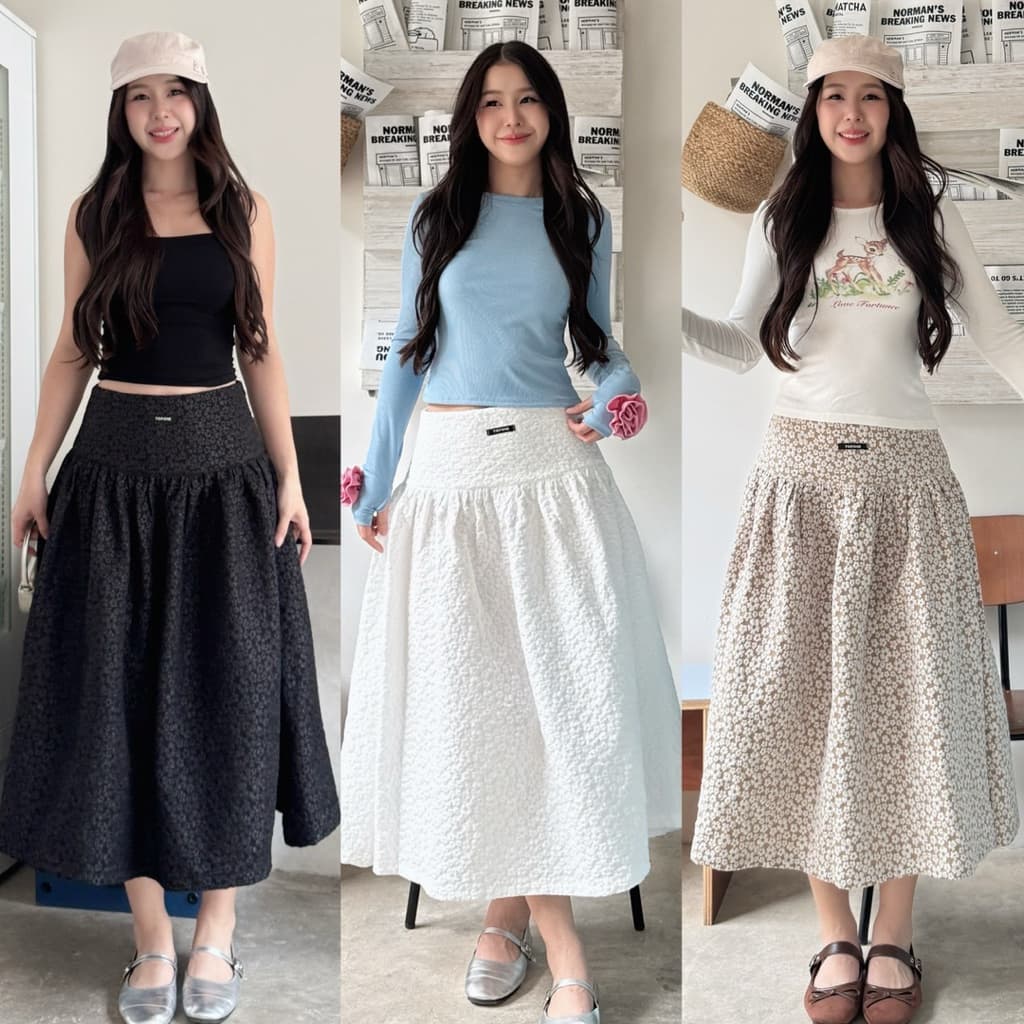กระโปรงเอวสูง ทรง 7 ส่วน ดีเทล ฉลุลายดอกไม้ (งานซิปข้าง) ผ้าไม่ยืดนะคะ สาวๆ…