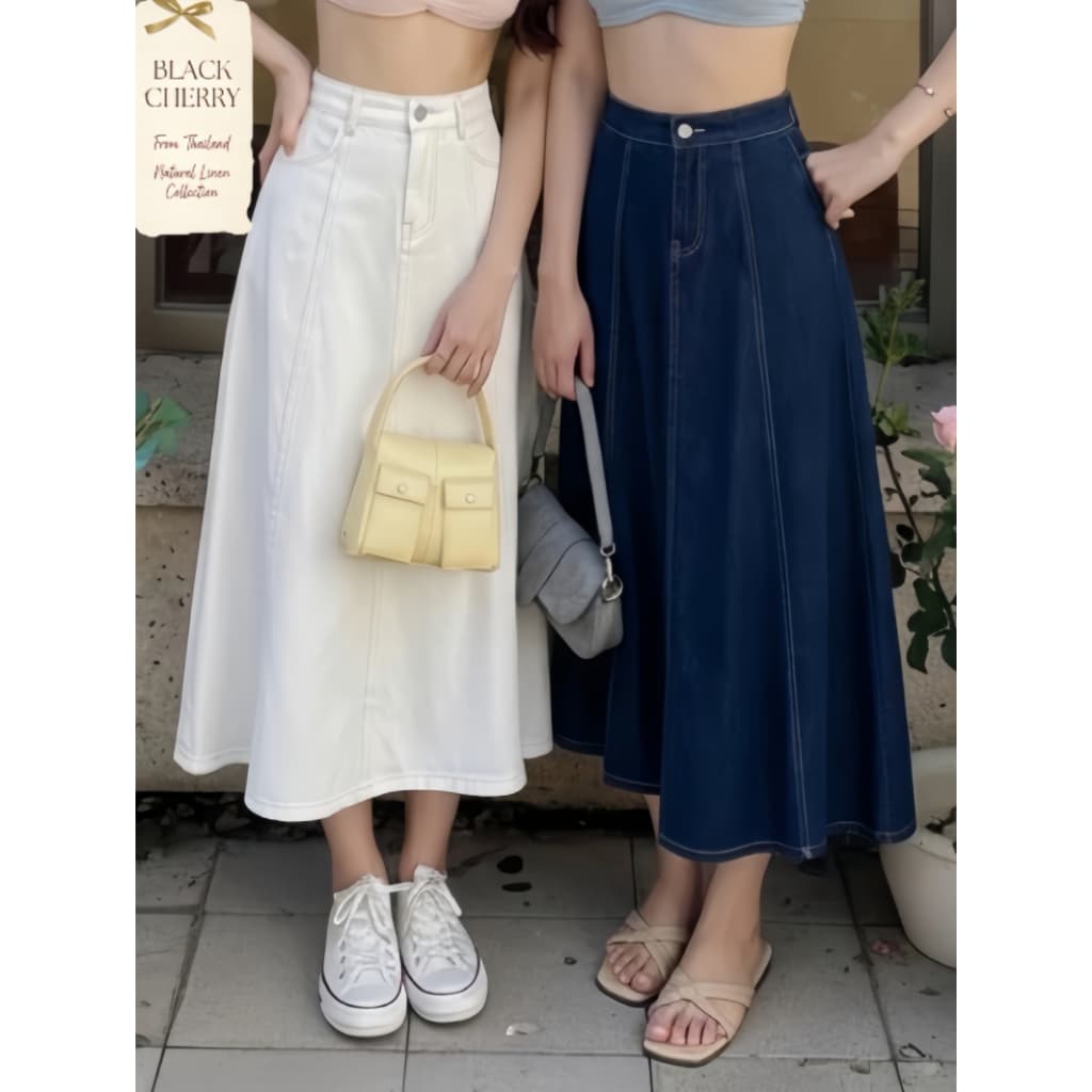 💙กระโปรงยาวเอวสูง กระโปรงยีนส์ ทรงเอต่อตะเข็บ พรางหุ่น แฟชั่นผู้หญิง สไตล์เกาหลี | Black Cherry รูปที่ 1