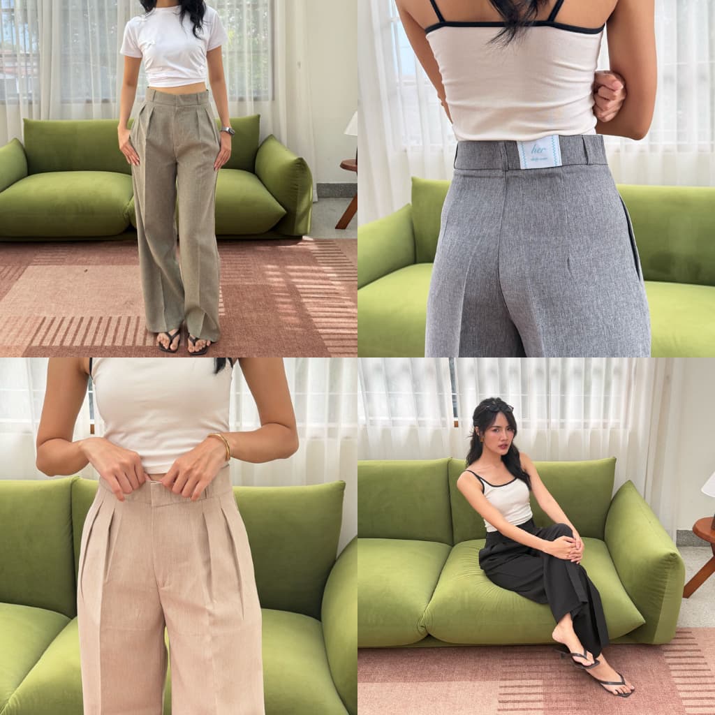 กางเกงทรงกระบอกกลาง รุ่น June pants แต่งจีบทวิติผ้ามีเทกเจอร์เฉพาะตัวใส่เเล้วดูโดดเด่นเเต่งดีเทลป้ายด้านหลังน่…
