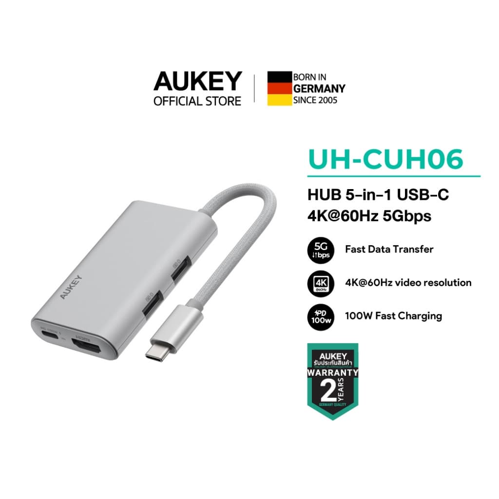 AUKEY UH-CUH06 ฮับ OfficeDok 5-in-1 Lite USB-C Hub Adapter รองรับ 4K60Hz Power Delivery สูงสุด 100W รูปที่ 1
