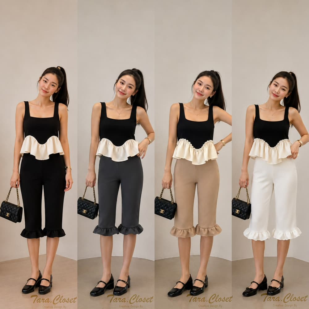 PW600 TARA Short pants กางเกง 4 ส่วน เอวสูง ทรง Biker ปลายขาแต่งระบาย เอวยางยืด มีขอบเอว เนื้อผ้าวูลเวฟ…